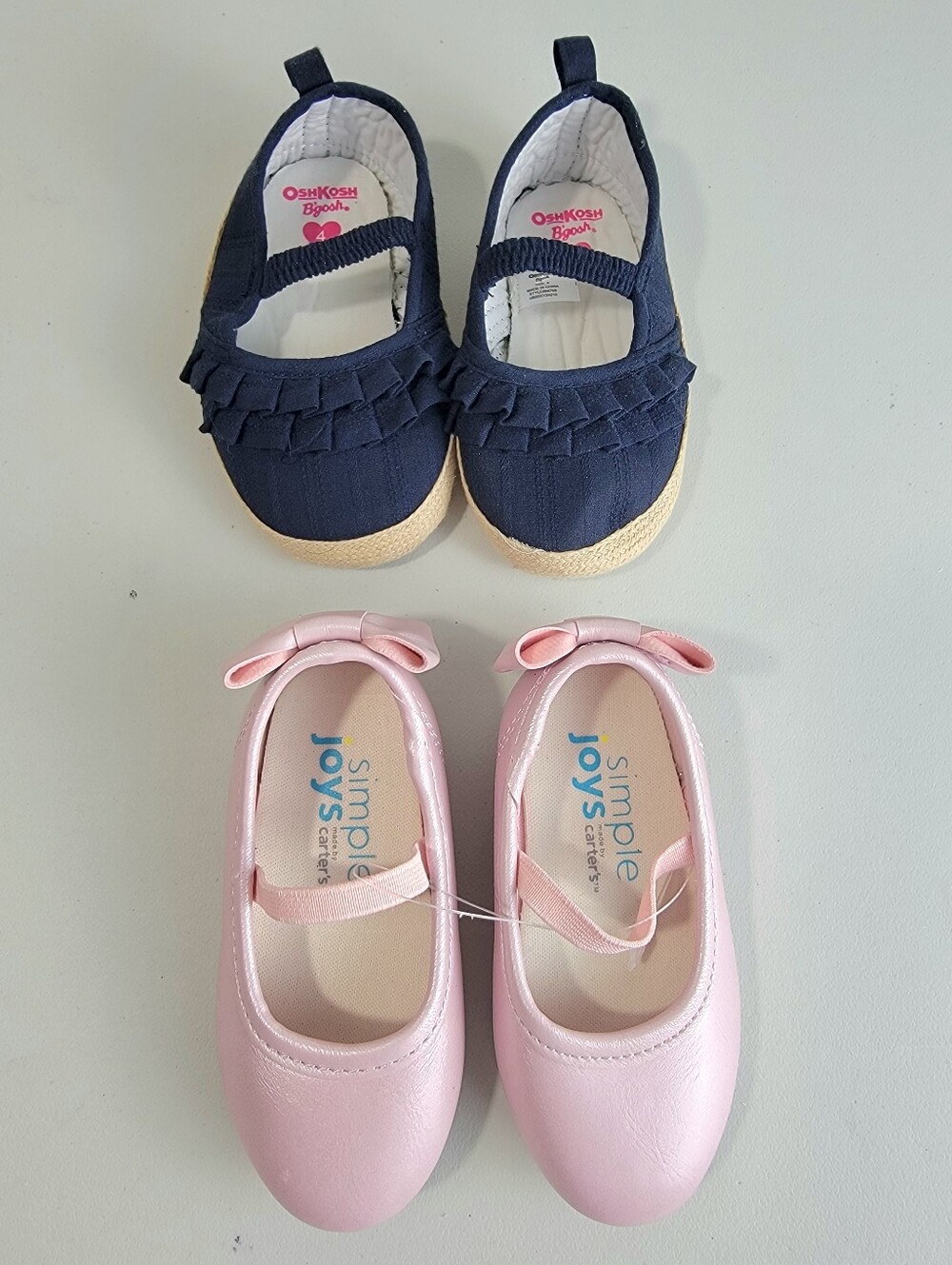 Lot of 2 Pairs Slip On Toddler Shoes Size 4 Carter's Ballet Flat W/ Bow, OshKosh